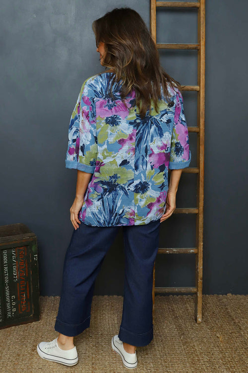 Vicki Floral Print Cotton Top Blue - Image 4