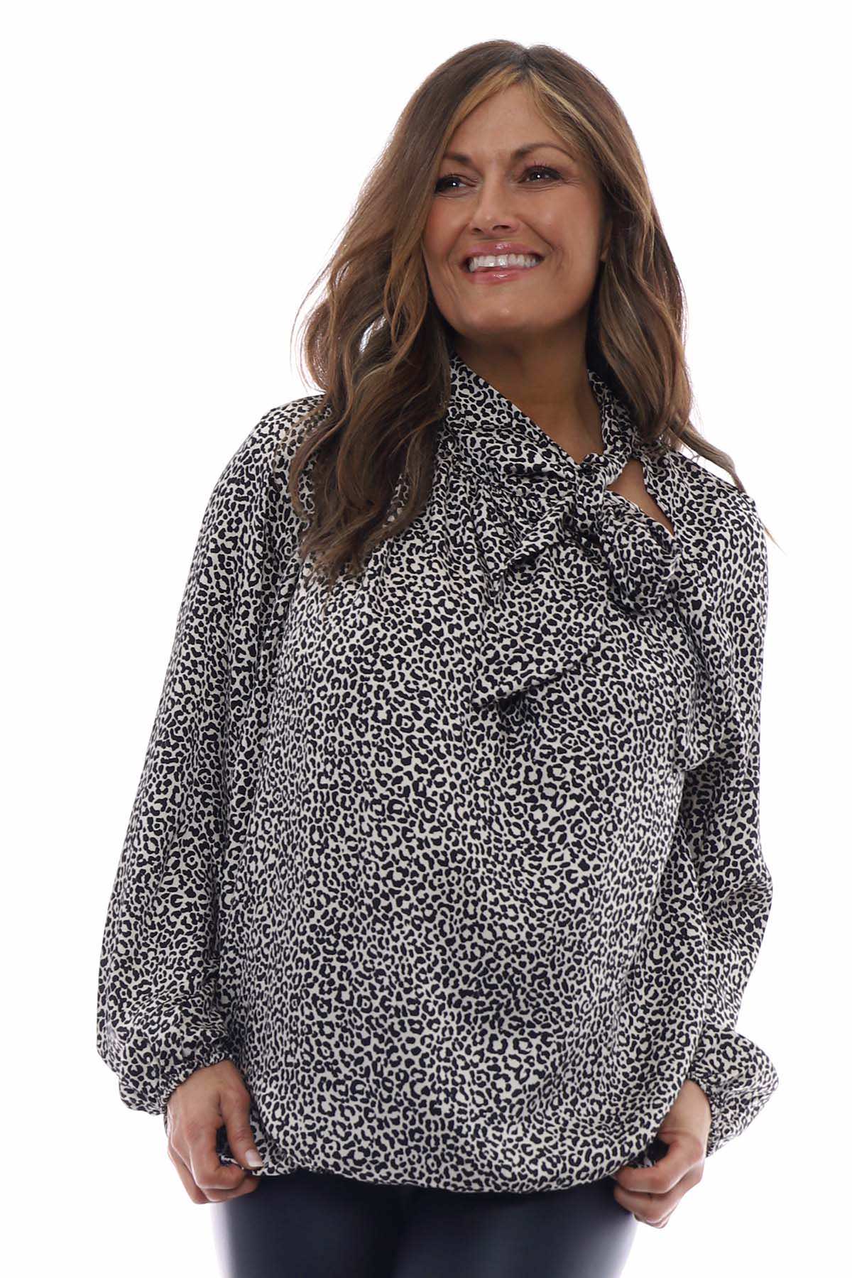 Mari Leopard Print Tie Neck Top Stone