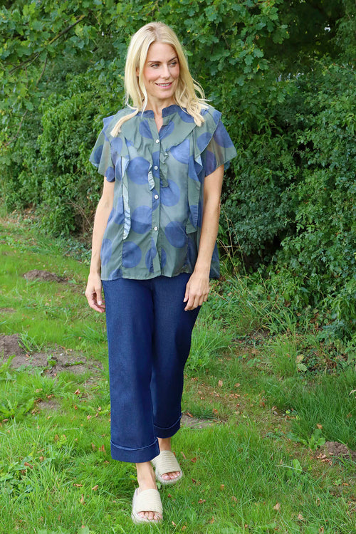 Skye Spot Print Frill Shirt Dark Khaki - Image 1