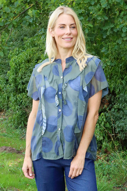 Skye Spot Print Frill Shirt Dark Khaki - Image 2