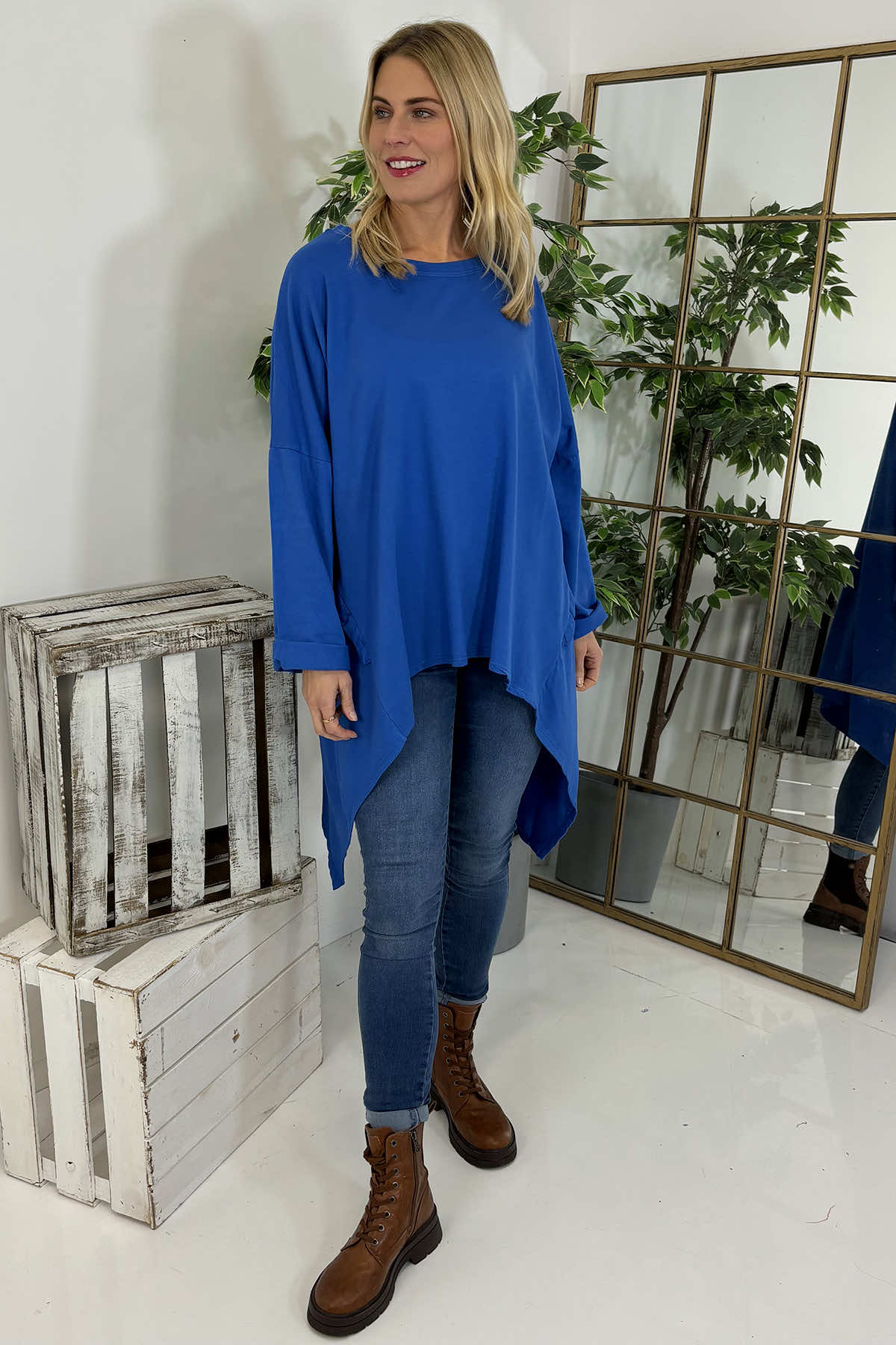 Lisa Dipped Hem Cotton Top Cobalt