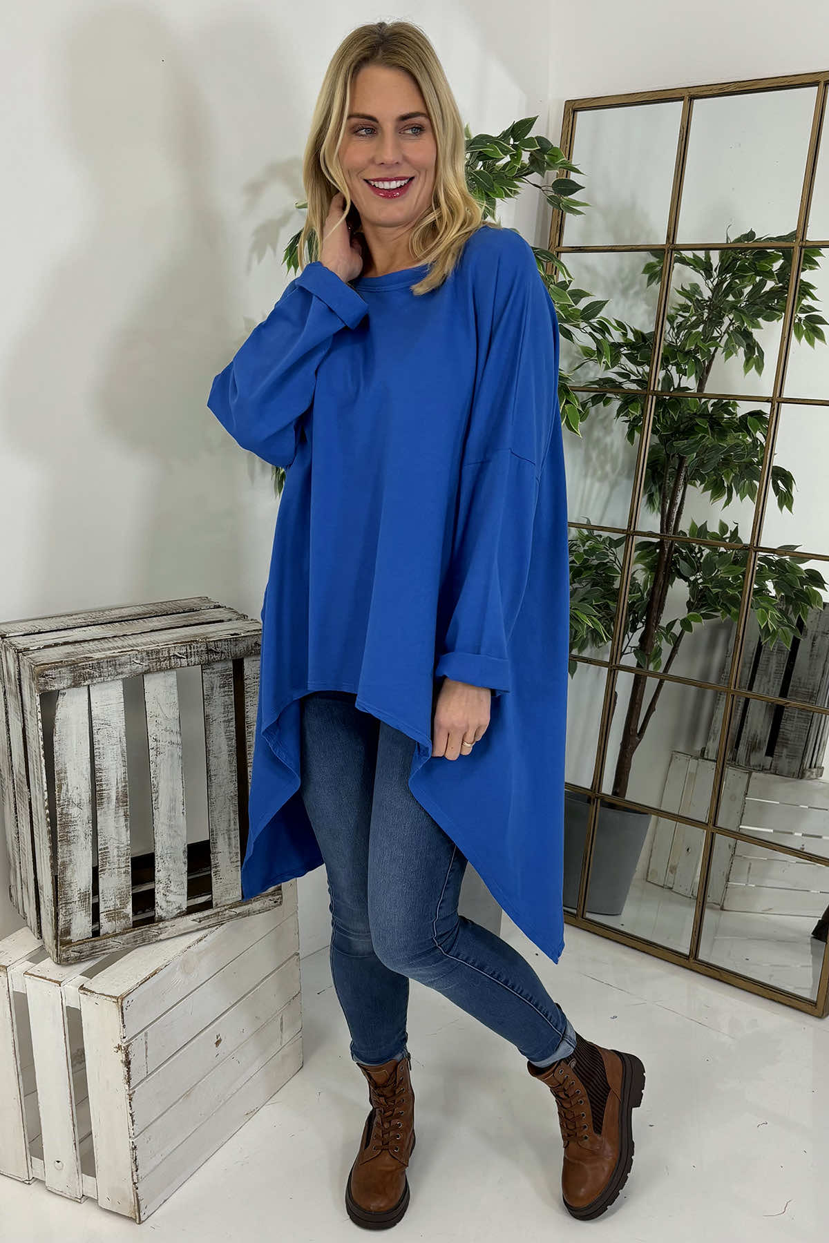 Lisa Dipped Hem Cotton Top Cobalt