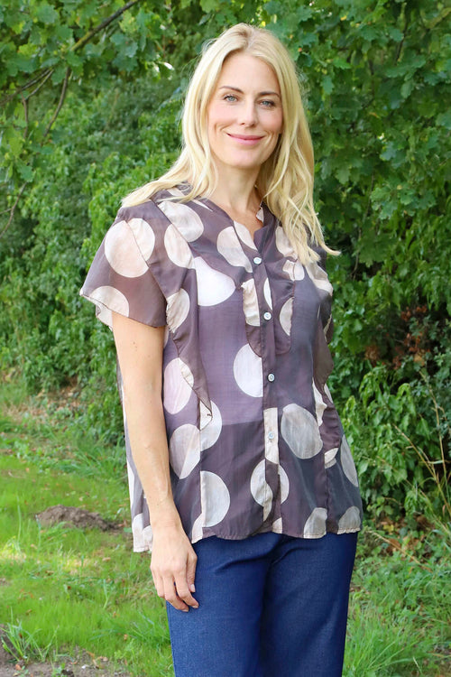 Skye Spot Print Frill Shirt Cocoa - Image 2