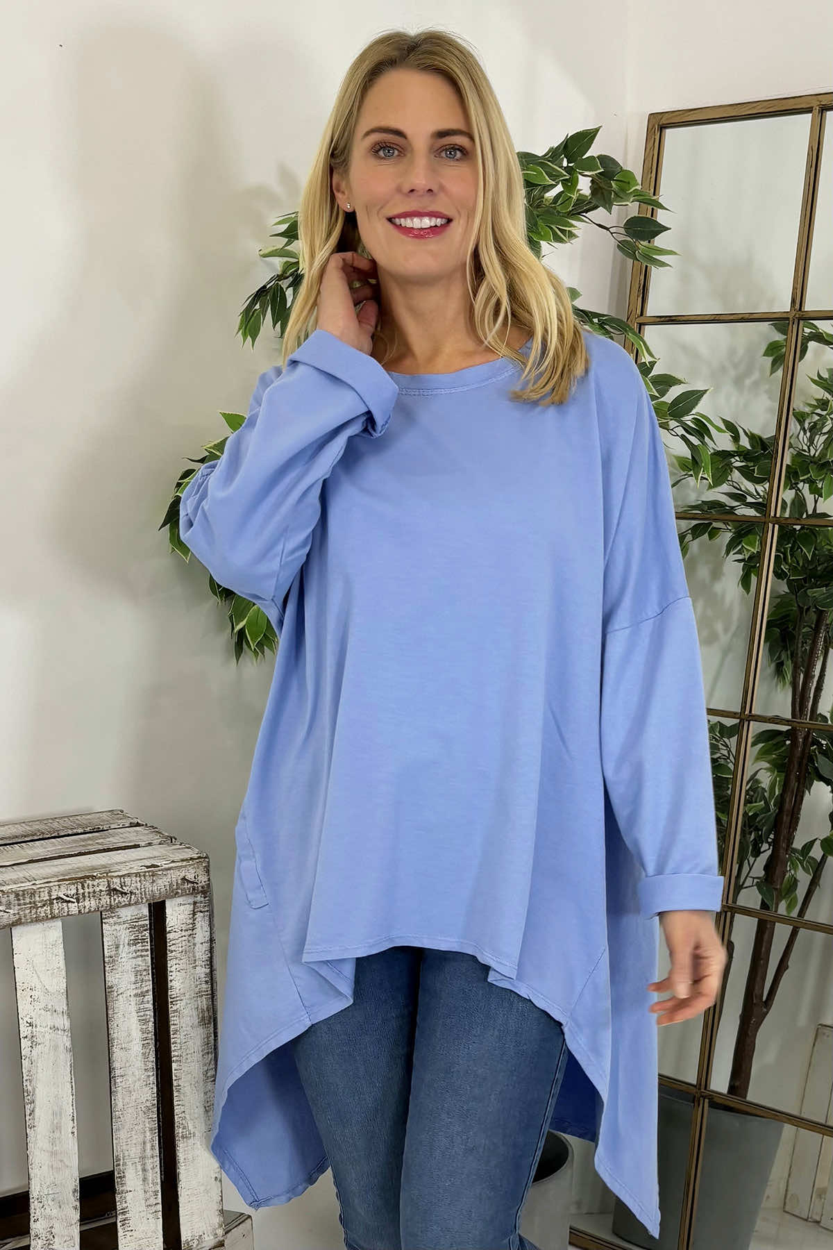 Lisa Dipped Hem Cotton Top Blue