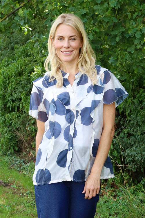Skye Spot Print Frill Shirt Navy - Image 2