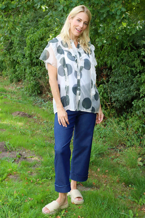 Skye Spot Print Frill Shirt Khaki - Image 1