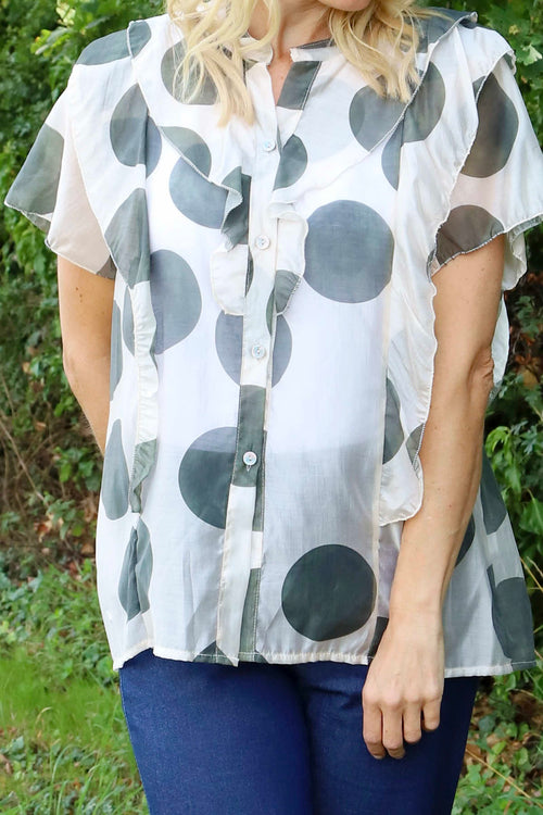 Skye Spot Print Frill Shirt Khaki - Image 3