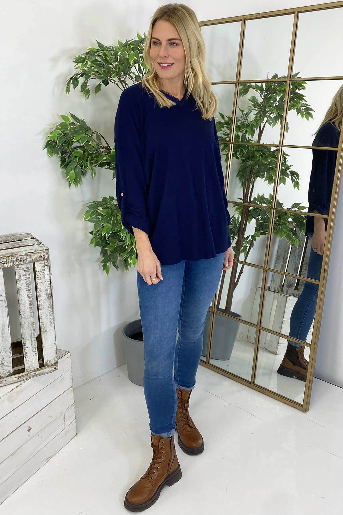 Nellie V-Neck Cotton Top Navy