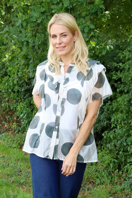 Skye Spot Print Frill Shirt Khaki - Image 2