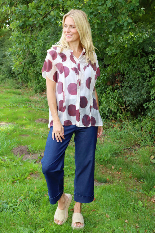 Skye Spot Print Frill Shirt Wine - Image 1