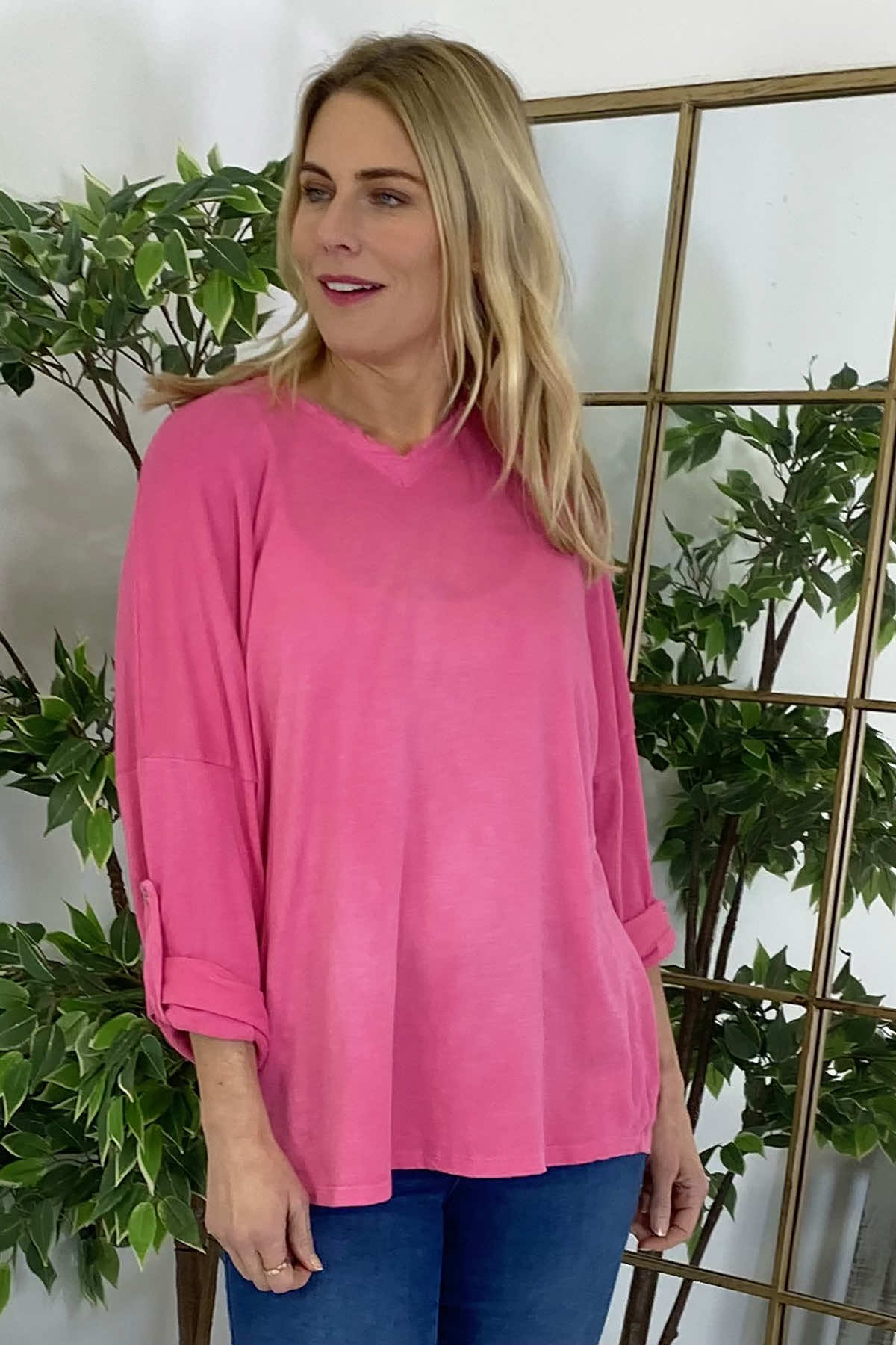 Nellie V-Neck Cotton Top Fuchsia