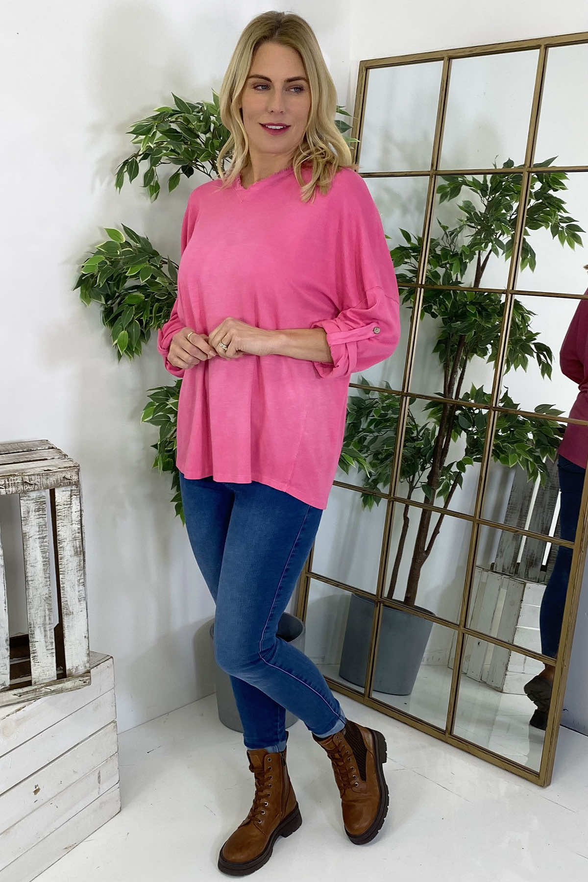 Nellie V-Neck Cotton Top Fuchsia