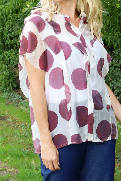 Skye Spot Print Frill Shirt Wine - Image 3