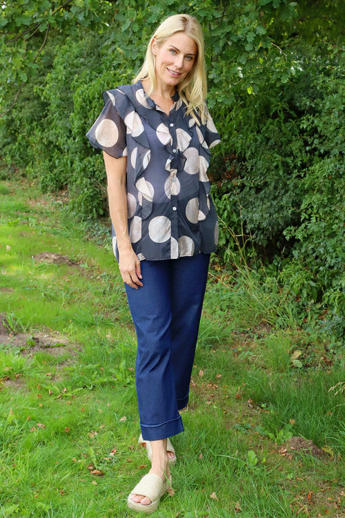 Skye Spot Print Frill Shirt Charcoal - Image 1