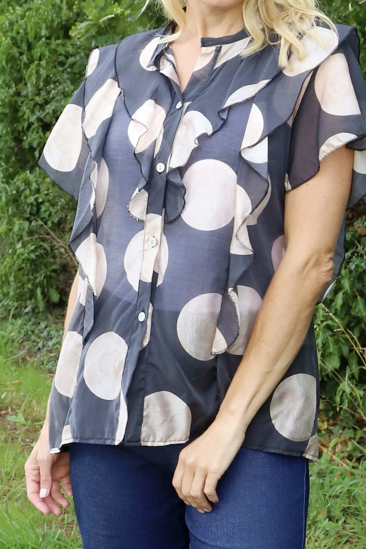 Skye Spot Print Frill Shirt Charcoal
