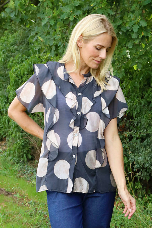 Skye Spot Print Frill Shirt Charcoal - Image 2