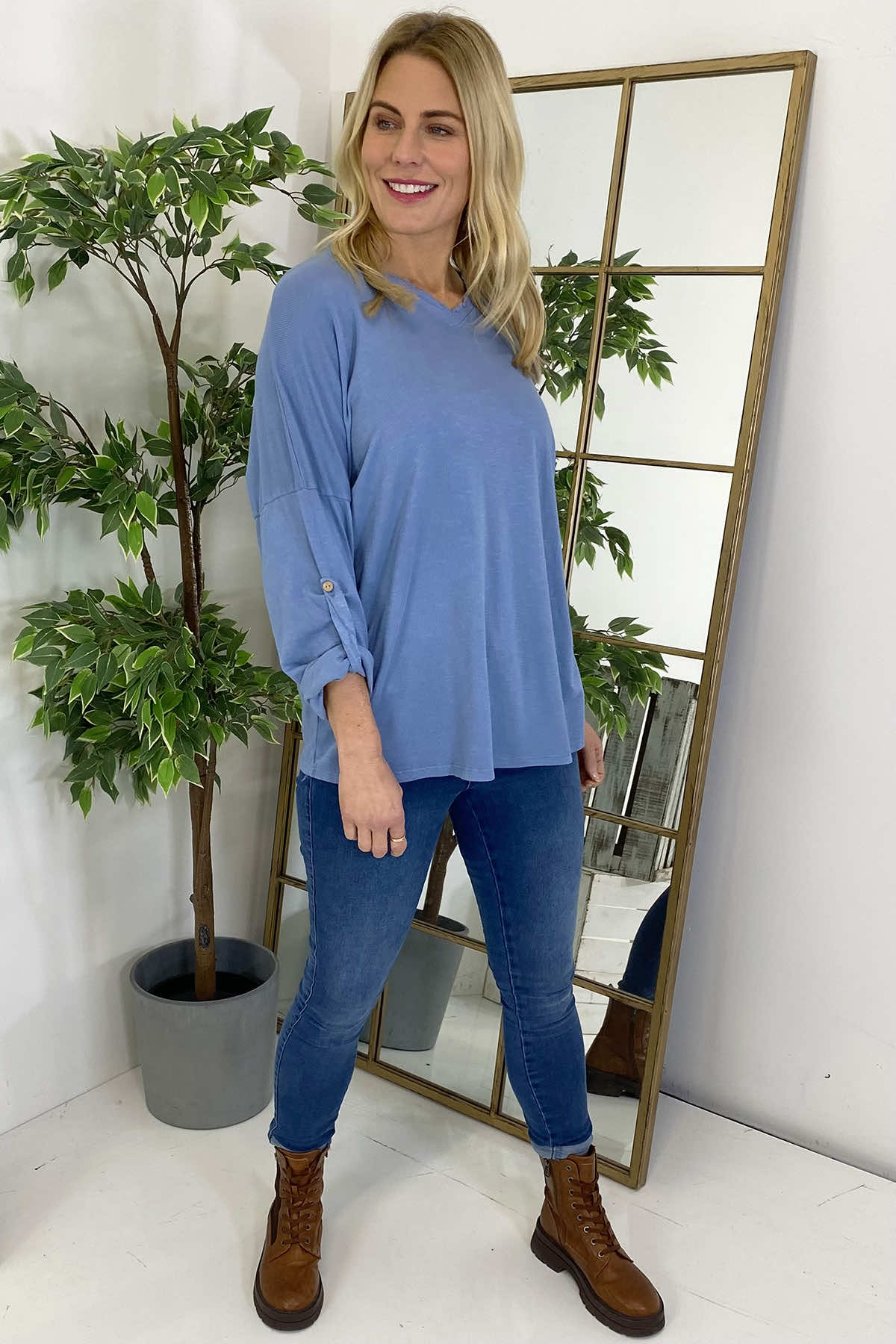 Nellie V-Neck Cotton Top Light Blue