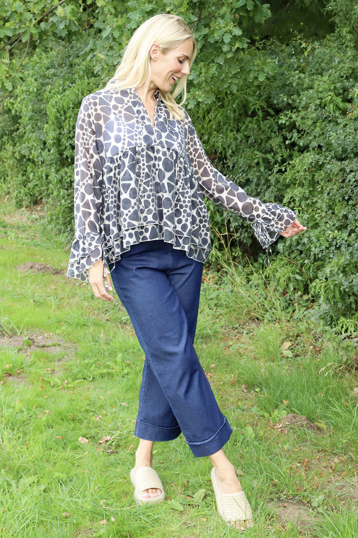 Edith Print Tie Front Top Charcoal
