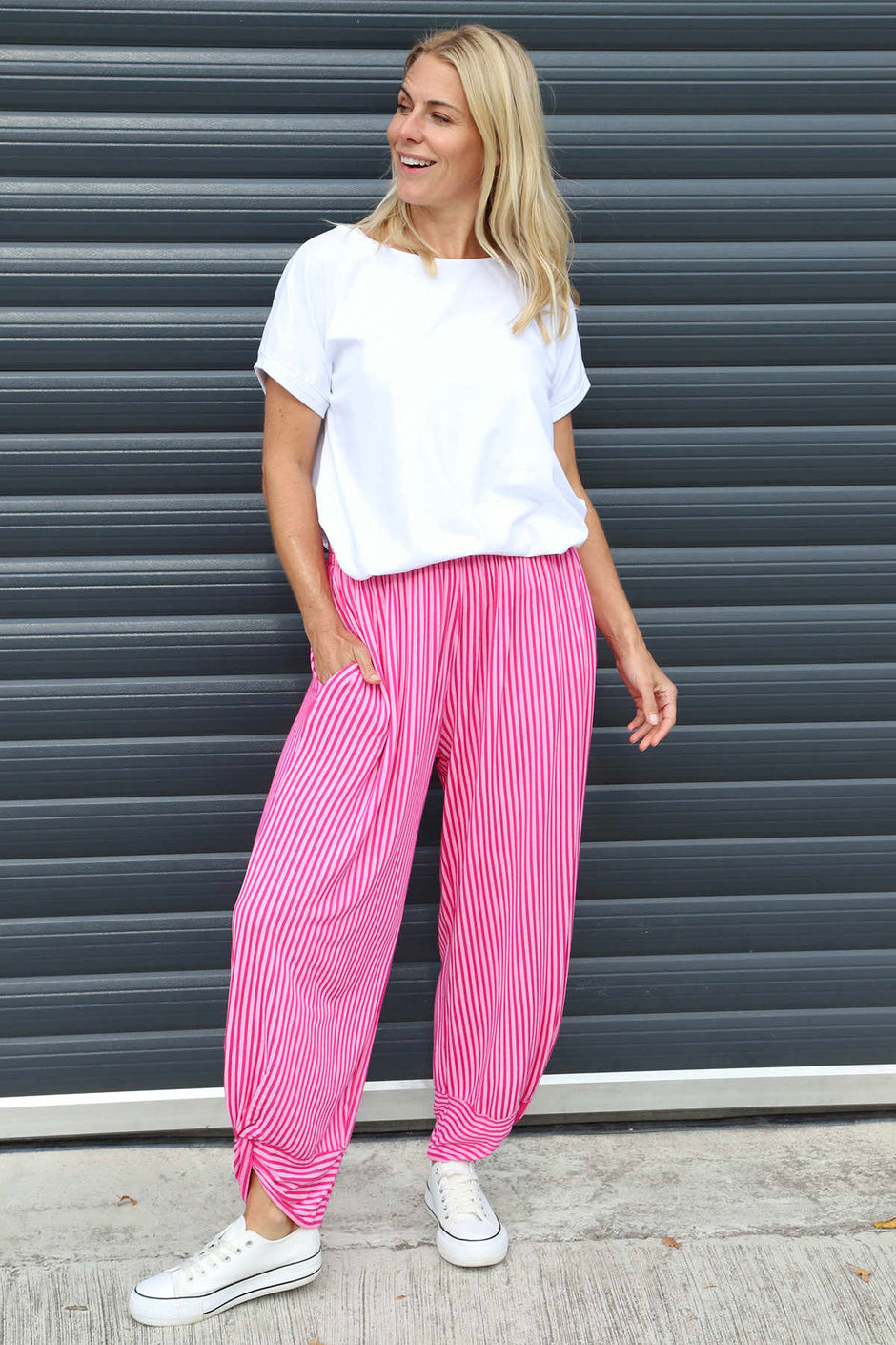 Jacinda Stripe Cotton Trousers Fuchsia