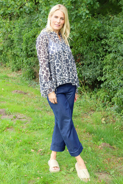 Edith Print Tie Front Top Charcoal - Image 3