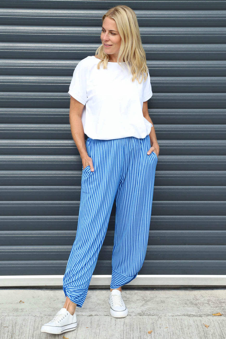 Jacinda Stripe Cotton Trousers Blue