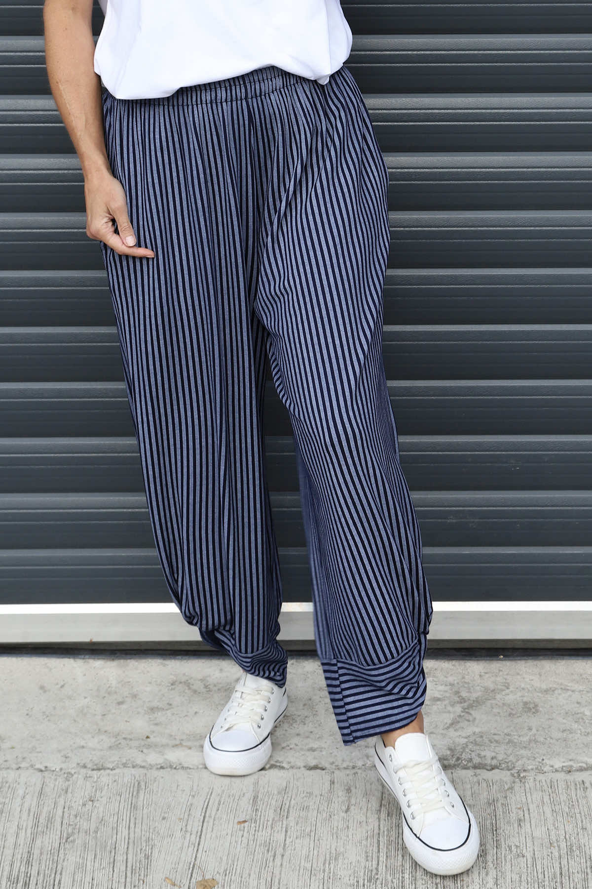 Jacinda Stripe Cotton Trousers Navy