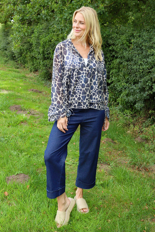 Edith Print Tie Front Top Navy - Image 2