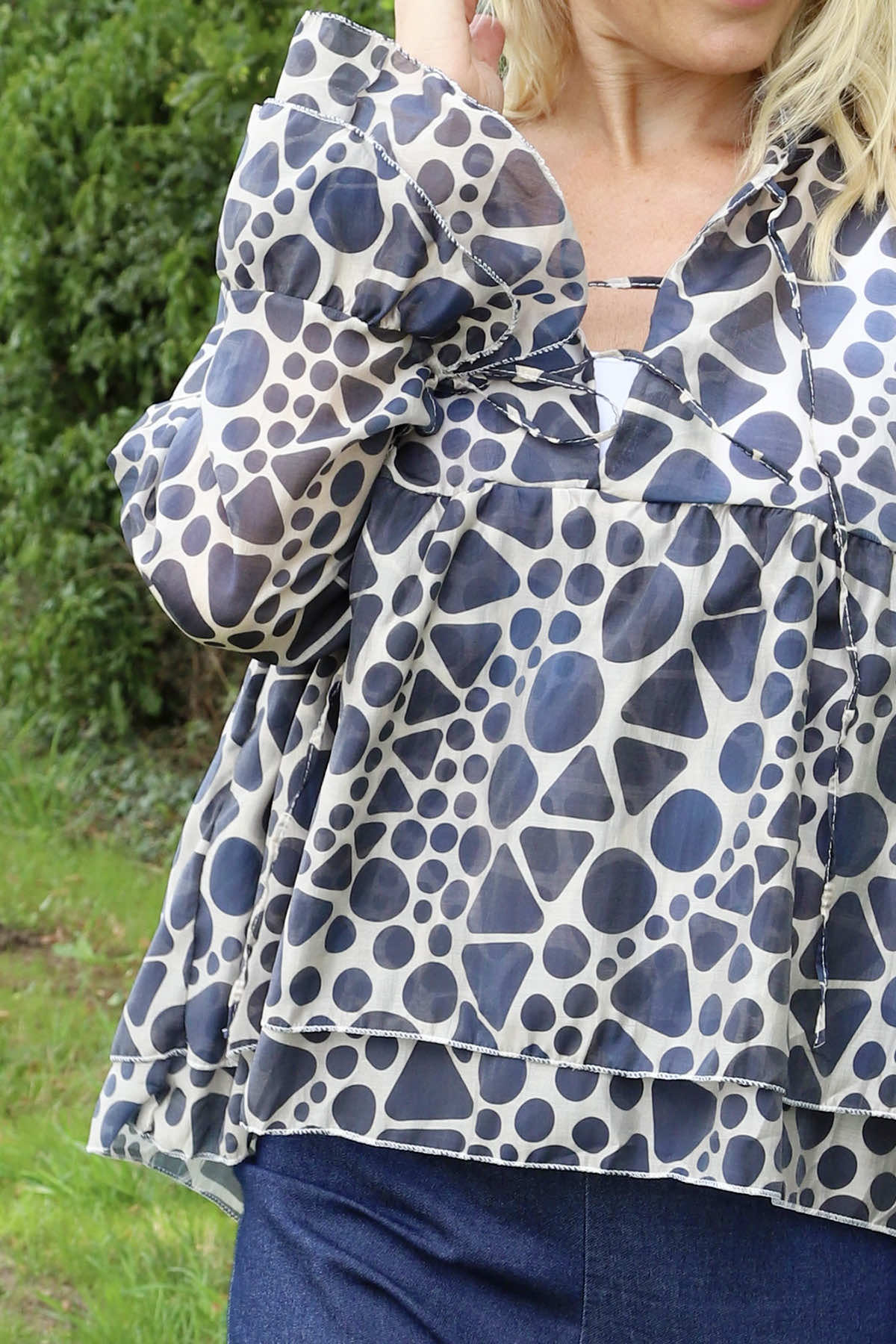 Edith Print Tie Front Top Navy
