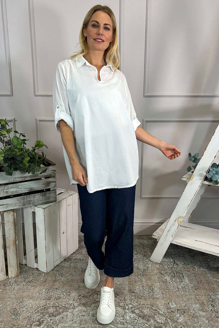 Makena Collared Cotton Top White