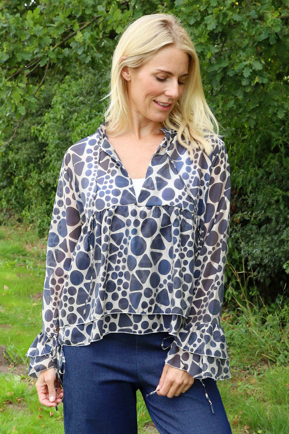 Edith Print Tie Front Top Navy