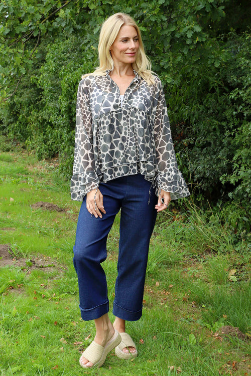 Edith Print Tie Front Top Khaki - Image 1