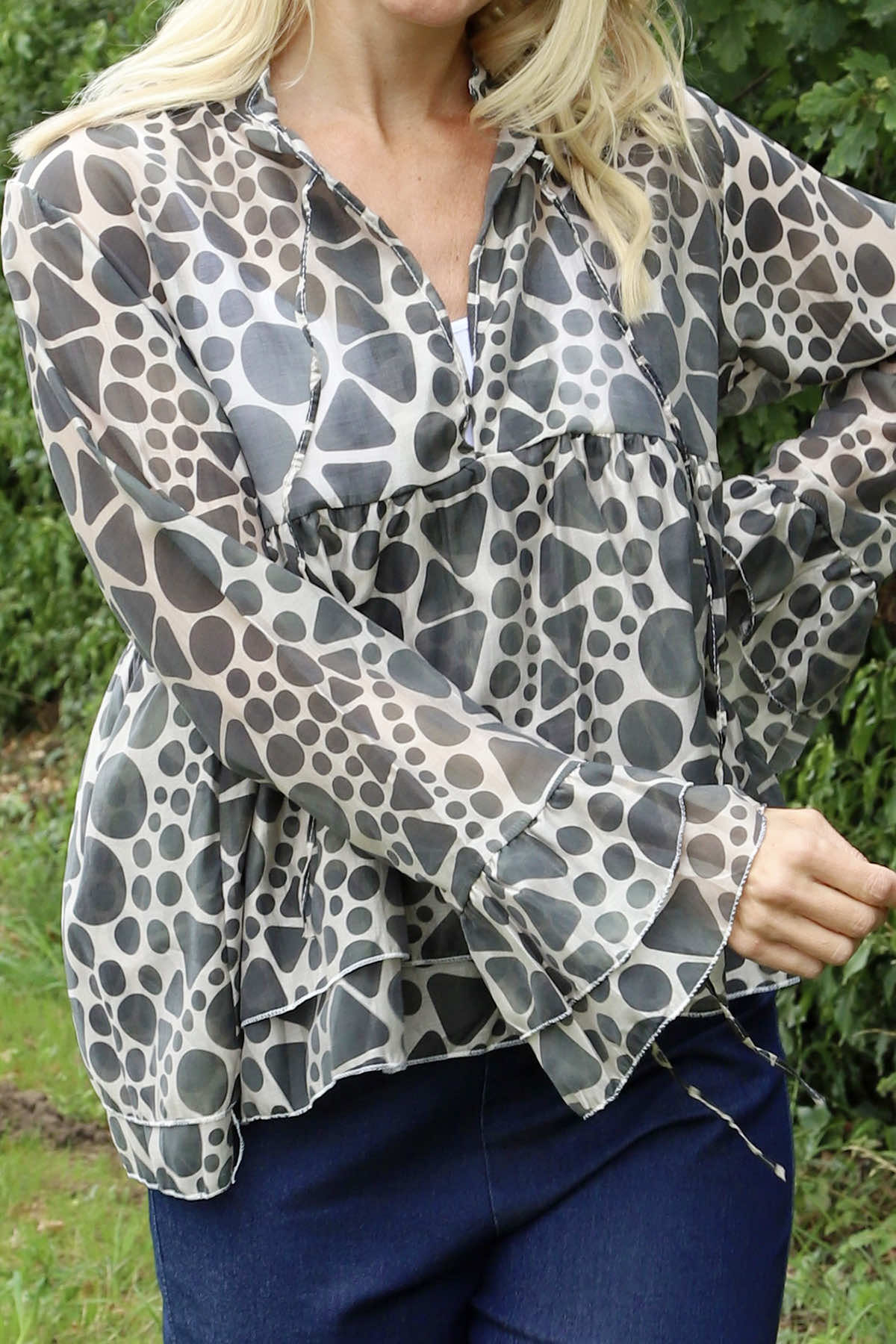 Edith Print Tie Front Top Khaki