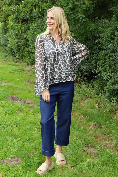 Edith Print Tie Front Top Khaki - Image 2