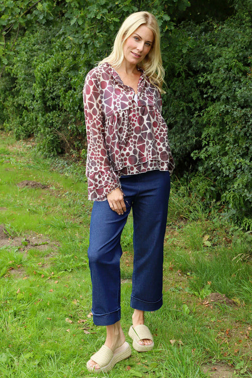 Edith Print Tie Front Top Burgundy - Image 2