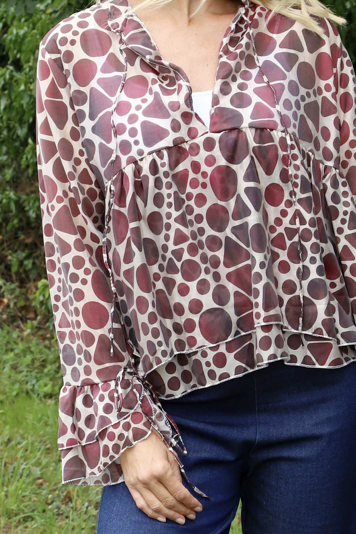 Edith Print Tie Front Top Burgundy