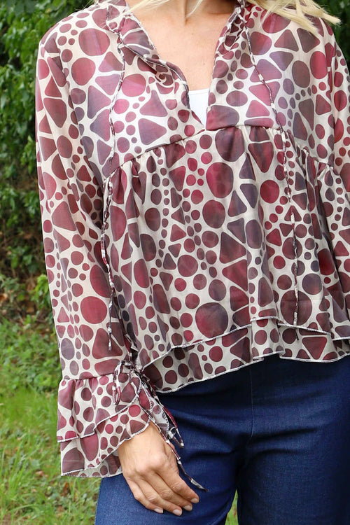 Edith Print Tie Front Top Burgundy - Image 3