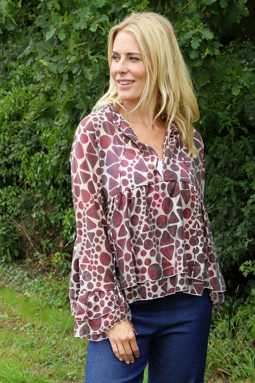 Edith Print Tie Front Top Burgundy - Image 1