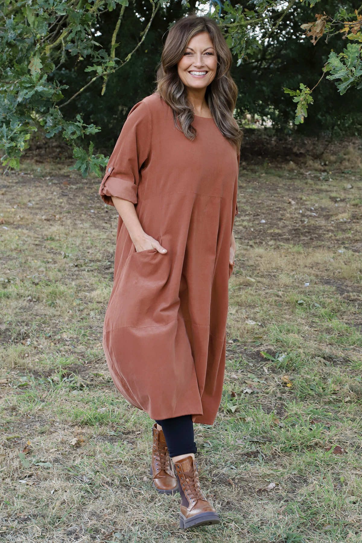 Penelope Pocket Needlecord Dress Burnt