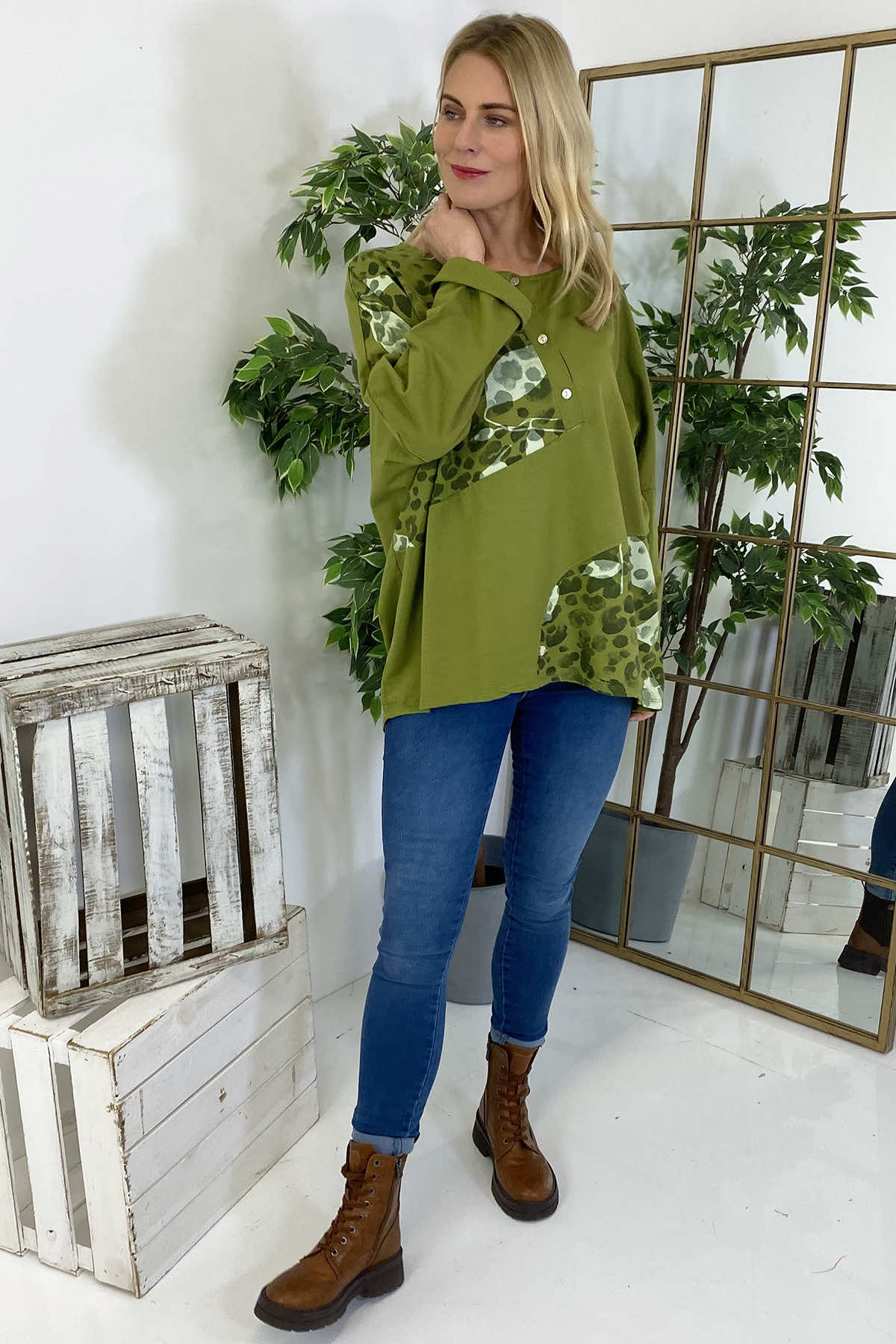 Elettra Print Button Top Olive