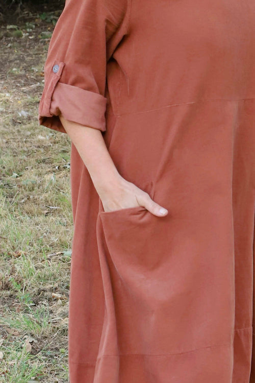 Penelope Pocket Needlecord Dress Burnt Orange - Image 3