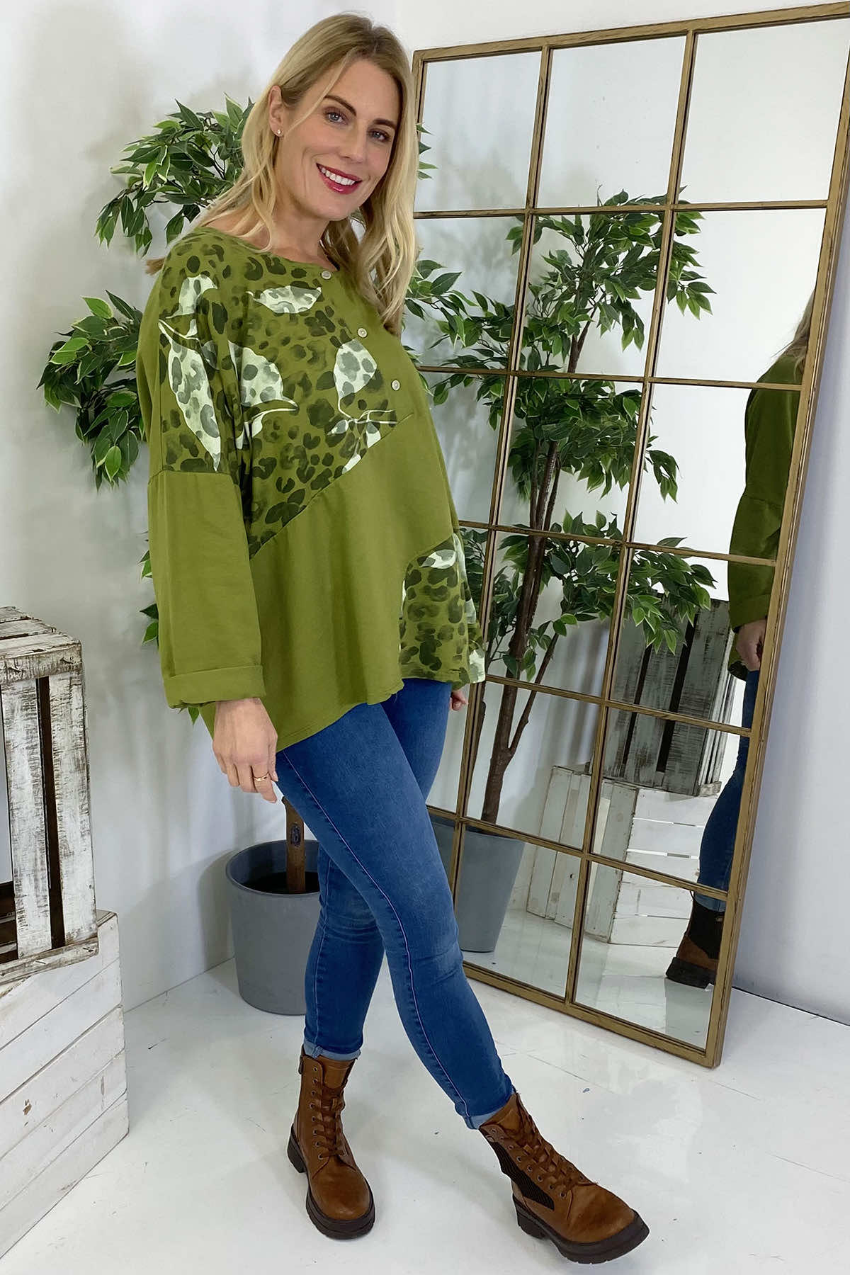 Elettra Print Button Top Olive