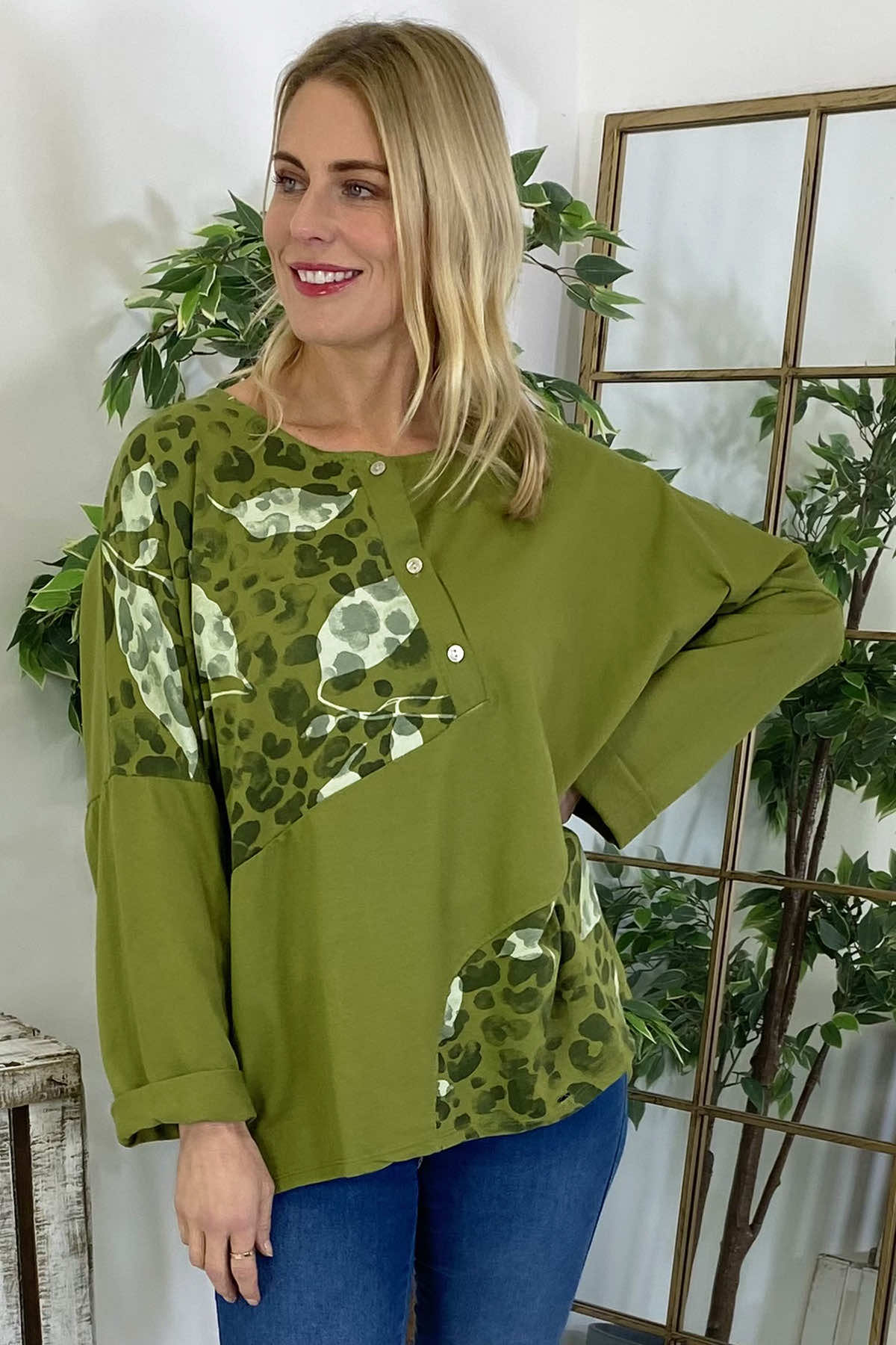 Elettra Print Button Top Olive