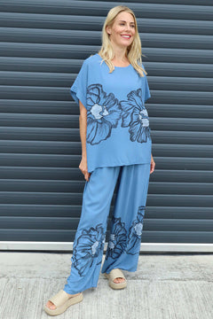 Aksana Flower Wide Leg Trousers Blue