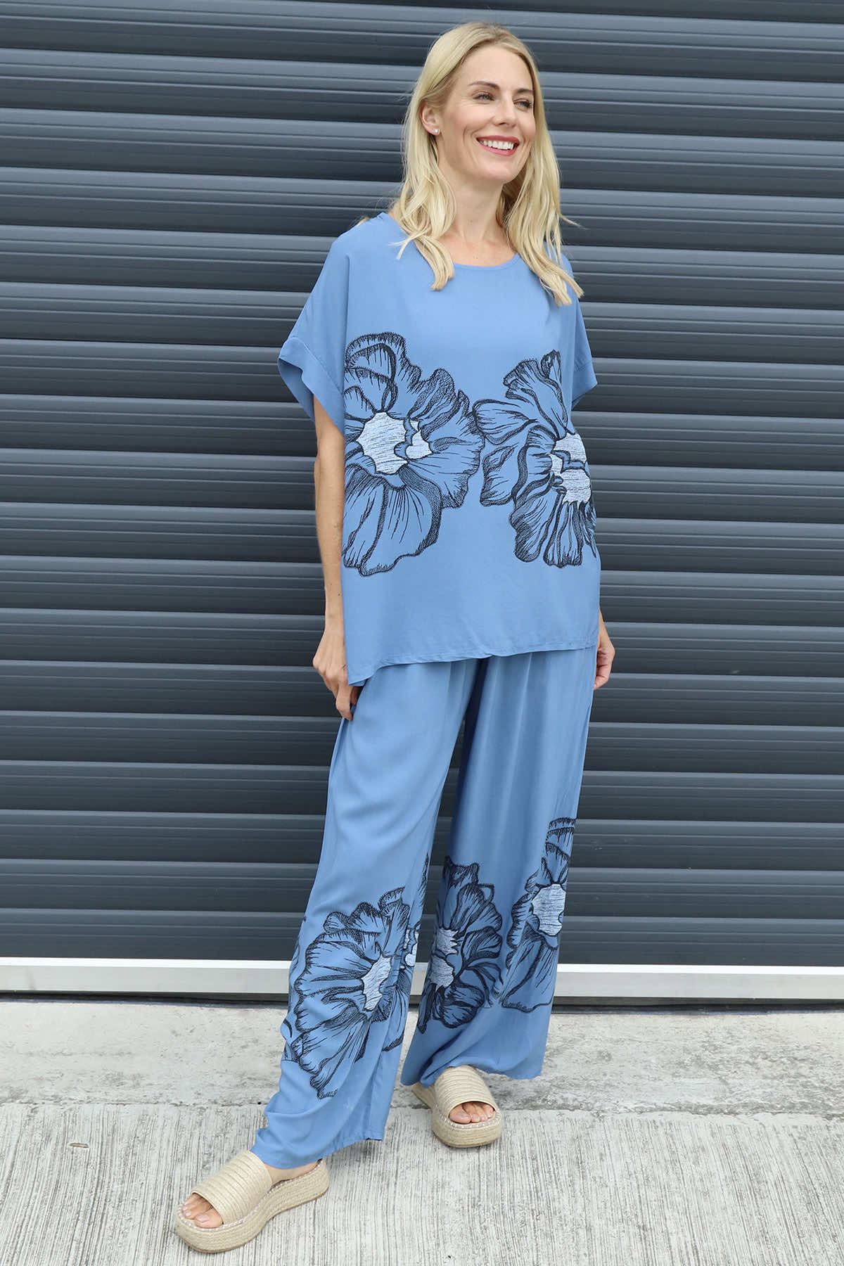 Aksana Flower Wide Leg Trousers Blue