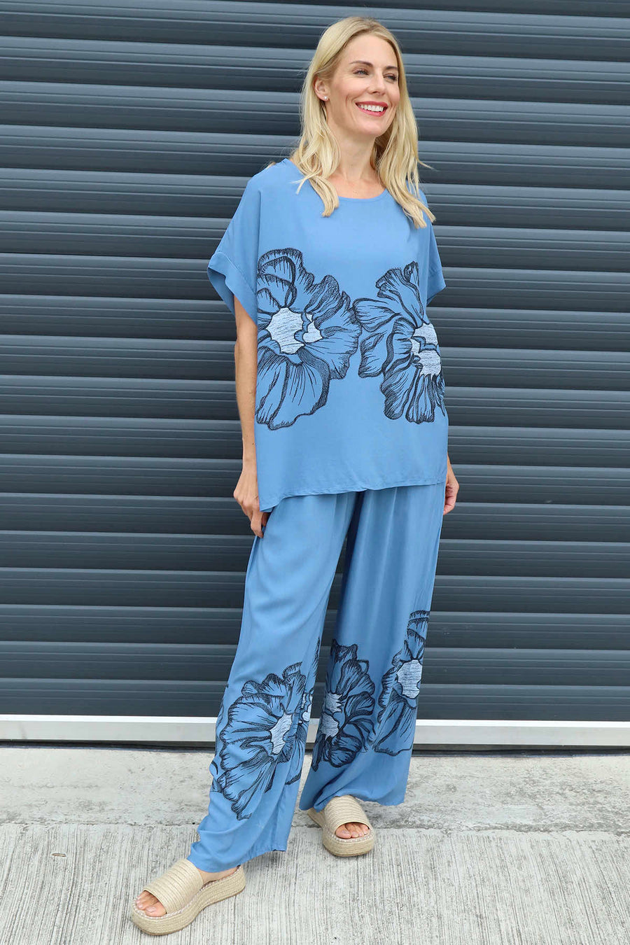Aksana Flower Wide Leg Trousers Blue