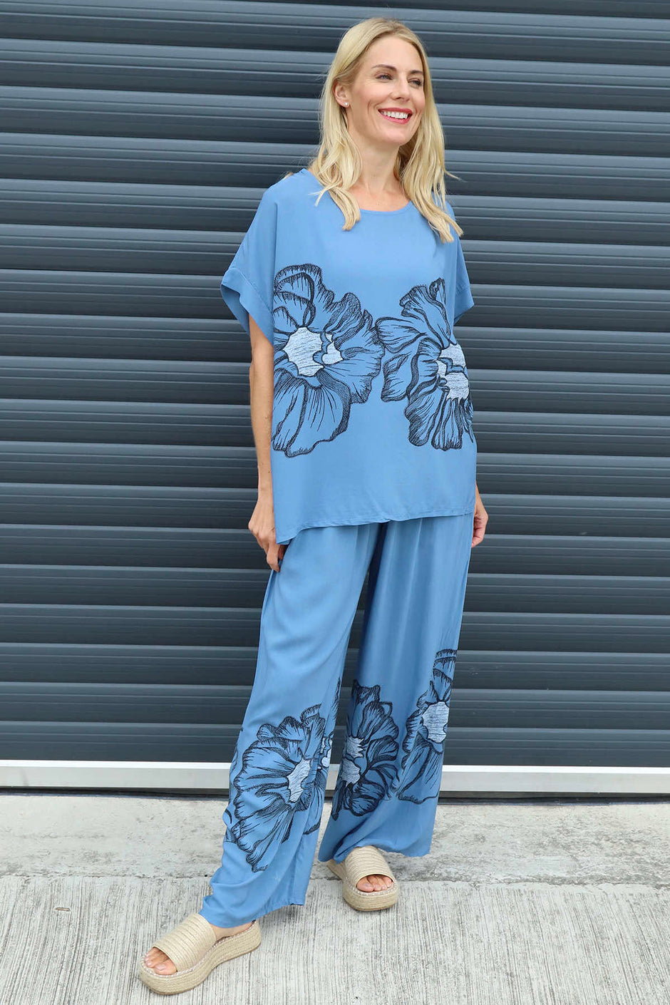 Aksana Flower Wide Leg Trousers Blue