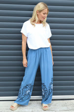 Aksana Flower Wide Leg Trousers Blue Blue - Aksana Flower Wide Leg Trousers Blue
