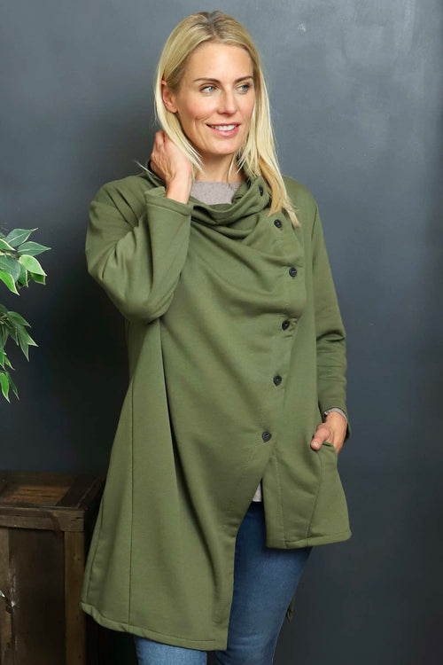 Damaris Asymmetric Button Cotton Top Khaki - Image 1
