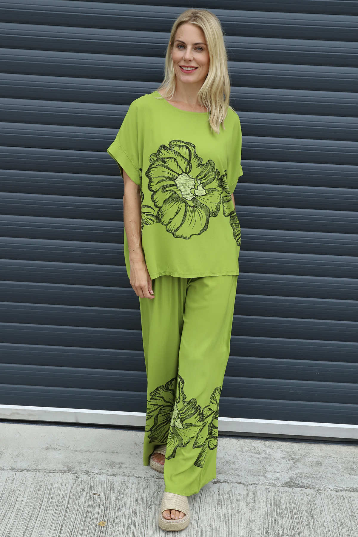 Aksana Flower Wide Leg Trousers Olive