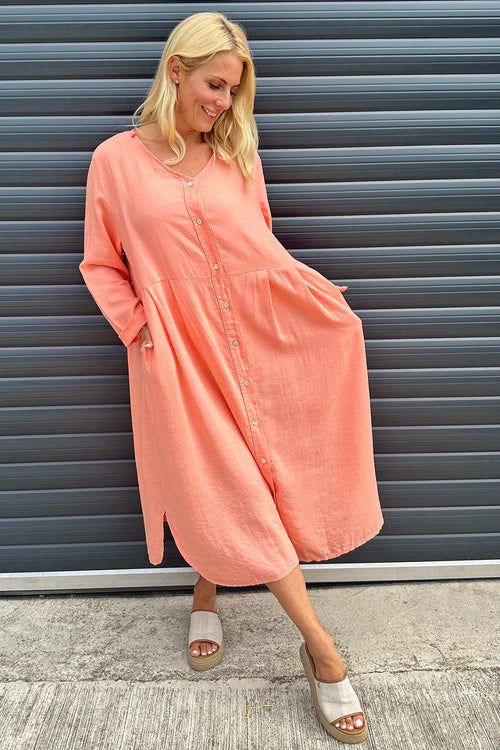 Daphne Button Linen Dress Coral